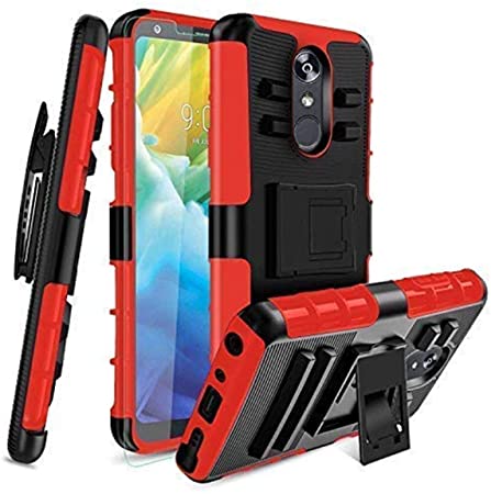 LG Stylo 4 Case, Stylo 4 Plus case W [Tempered Glass Screen Protector] Built-in Kickstand Full-Body Shockproof PC Back & Soft TPU Inner Armor Swivel Belt Clip Holster Heavy Duty Protective Case, Red