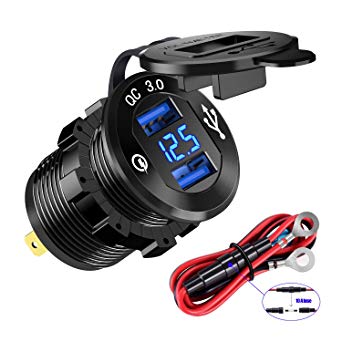 YonHan Quick Charge 3.0 Dual USB Charger Socket, Waterproof Aluminum Power Outlet Fast Charge with LED Voltmeter & Wire Fuse DIY Kit for 12V/24V Car Boat Marine ATV Bus Truck and More