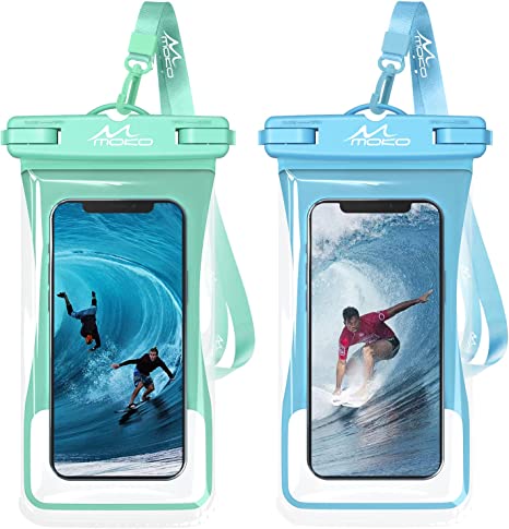 MoKo Waterproof Phone Pouch Holder 2-Pack, Floating Case Dry Bag with Lanyard Compatible with iPhone 13/13 Pro Max/12/11 Pro/SE 3, Galaxy S21 Ultra/S9/Note 10 /20 Ultra, Mint Green   Sky Blue