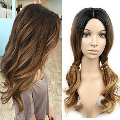 Lady Miranda 3 Tone Ombre Wig Black to Brown Blonde Middle Part High Density Heat Resistant Synthetic Hair Weave Full Wigs For Women (Black&Brown&Blonde)