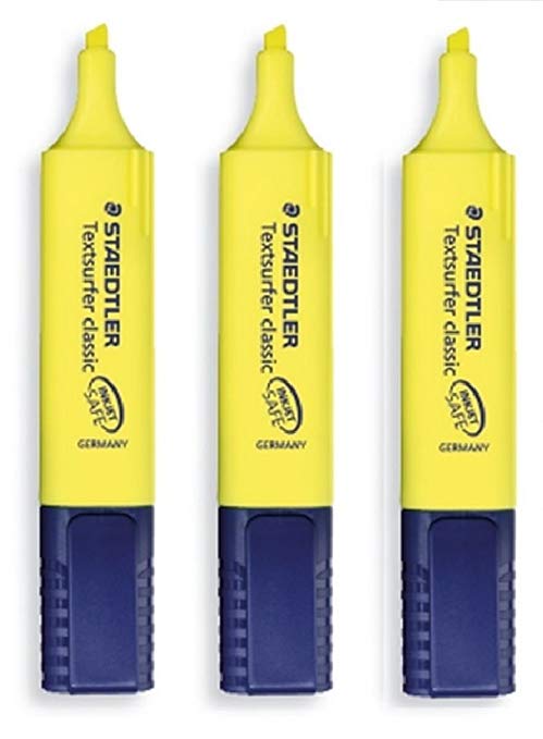 STAEDTLER Yellow Highlighter Pens Textsurfer Classic Refillable Fast Dry Ink Jet Safe Copy Proof Ultra Soft 1-5mm Chisel Tip 364-1 (Pack Of 3)