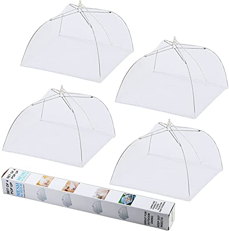 Ipow Upgraded Pop up EXTRA FINE Mesh Screen Outdoor Food Cover Tent Umbrella, 4 Pack 17 inches Reusable and Collapsible Food Cover, Food Protector Keep Out Flies, Bugs, Mosquitoes,White