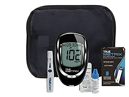 TrueMetrix Blood Glucose Testing Kit. Includes: Meter, 10 Test Strips, 10 Lancets, Adjustable Lancing Device, Control Solution, Owners Log Book & Manual