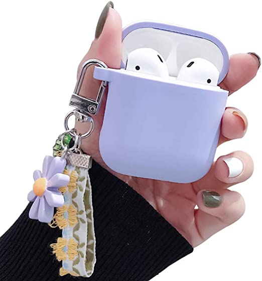 Ownest Compatible with AirPods Case Soft Silicone with Cute Keychain Shockproof Cover Case for Girls Woman Airpods 2 &1-Purple