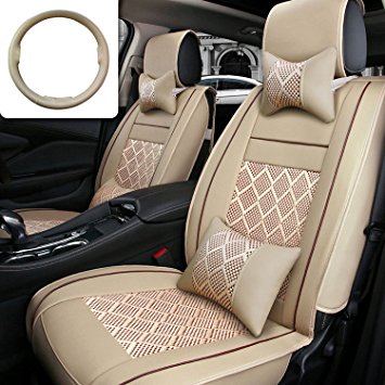 Car Seat Cover Cushions FLY5D 10Pcs PU Leather Ice Silk Auto Car Front Rear Seat Covers Full Sets Universal Fit For 5 Seats Vehicle Car Models (Beige)