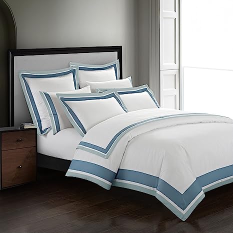 Casabolaj Shading 3 Pieces Do Not Include Filling Duvet Cover Set 100% Egyptian Cotton Sateen Luxury 400 TC Frame Patchwork Button Closure and Corner Ties-White/Blue/Sapphire (King)