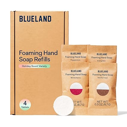 BLUELAND Foaming Hand Soap Tablet Refills - Holiday 4 Pack | Eco Friendly Products & Cleaning Supplies | Holiday Variety Scents | Makes 4 x 9 Fl oz bottles (36 Fl oz total)