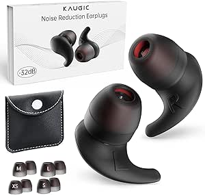 KAUGIC Ear Plugs for Sleeping Noise Cancelling, Reusable Silicone Earplugs for Sleep, Work, Study, Travel, Concerts, 32dB Noise Reduction, 4 Pairs Ear Tips in XS/S/M/L, Black