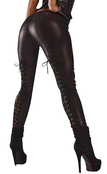 YIANNA Women's Gothic Punk Wet Look Leggings Lace up Back