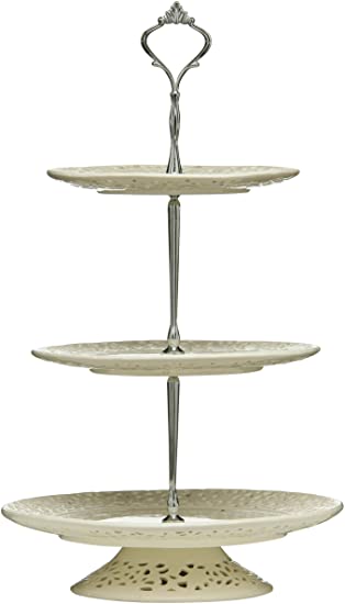 Premier Housewares Ceramic Cake Stand Metal Shaft Cake Stands For Afternoon Tea Ornate Handle Cake Stand 3 Tier Cake Holder (H x W x D): 47 x 28 x 20