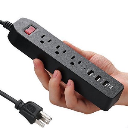 [New] Fleck 3 AC Outlets   3 USB Ports USA Travel Power Strip Surge Protector , 1625W/13A Electrical Socket 6 Feet Cord for iPhone, Samsung, iPad And More Other Smartphone and Tablet (Black)