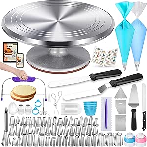 Kootek 253 Pcs Cake Decorating Kit, 12" Aluminum Alloy Cake Turntable, 48 Numbered Icing Tips, 3 Russian Piping Nozzles, Offset and Straight Spatulas, Cake Leveler, Pastry Bags Baking Supplies