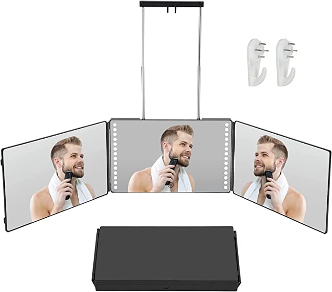 COSYLAND Rechargeable 3 Way Mirror - 360° Self Cut Led Mirror Tri-fold Mirror for Self Hair Cutting & Styling with Height Adjustable Telescoping Hooks