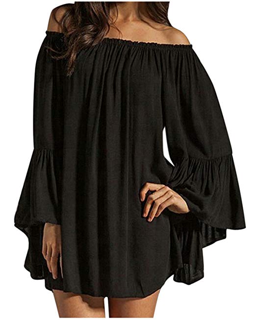 ZANZEA Women's Sexy Off Shoulder Chiffon Lace Ruffle Sleeve Blouse Mini Dress