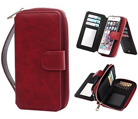 Iphone 6s Case, Premium Mirror Keychain Design Zipper Wallet Pu Leather Detachable Magnetic Case Purse Folio Flip Credit Card Slots Cash Holder Cover for Apple iphone 6/6s 4.7 Inch (Wine Red)