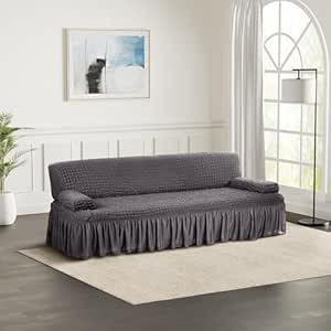 Amazon Brand - Solimo Bubble Sofa Cover with Skirt Polyester and Spandex Fabric | Three Seater (Grey)