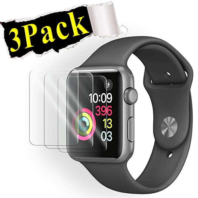 Apple Watch 38mm Tempered Glass Screen Protector (Series 3 2 1) Linboll [3-Pack] [9H Hardness] [Anti-Fingerprint] [Bubble Free] [Only Covers The Flat Area] Screen Protector for 38mm