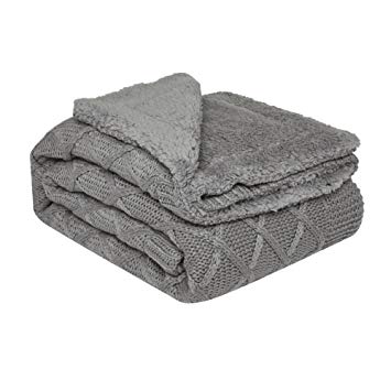 NEWSHONE Knitted Throw Blanket with Sherpa for Bed and Couch (Dark Grey) (Light Grey)