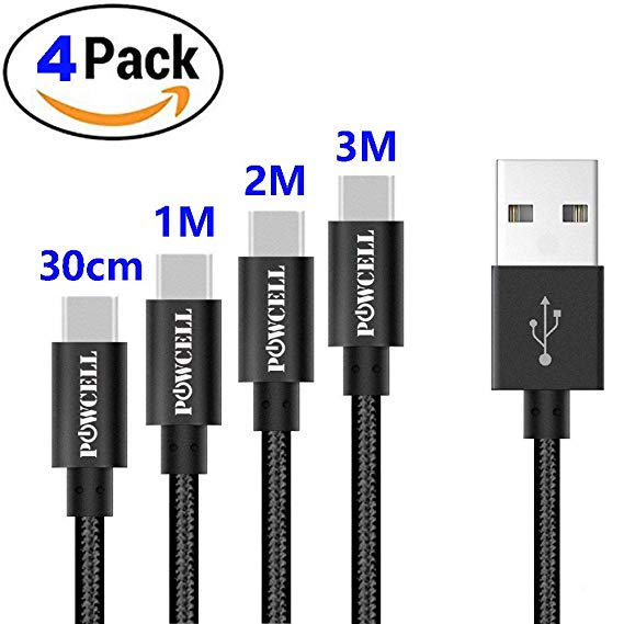 4 Pack 0.3/1/2/3 Meter Type-C Charge & Data Sync Cable Compatible for Samsung Galaxy A9 S9 S9  S8 S8  Note 9 Note 8 Google Pixel 3 / Pixel 3 XL / Pixel 2 /Pixel 2 XL Blackberry Motion KeyOne Key2 LG G7  OnePlus 6 6T Nylon Braided USB Charging cord (Black)