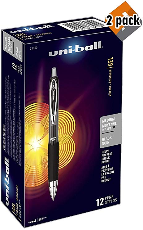uni-ball 207 Retractable Gel Pens, Medium Point, Black, Box of 12-33950 - 2 Pack