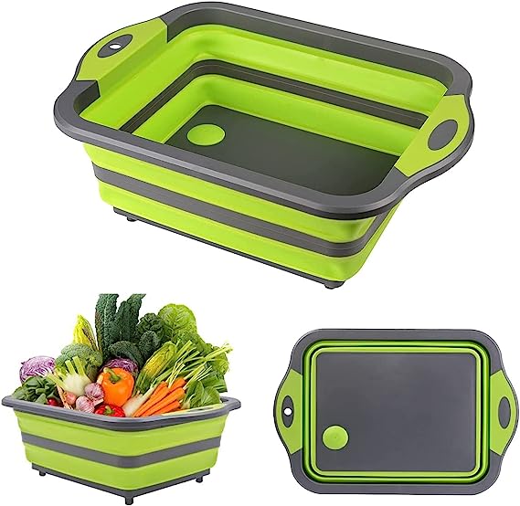 OLLM 4 in 1 Collapsible Washing up Bowl and Plastic Chopping Board with Drain Plug, Foldable Camping Sink, Fruits Vegetables Wash Dish Tub Basin for Home Kitchen Picnic Travel Campervan