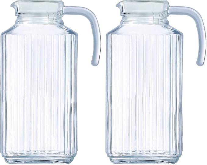 Circleware Frigo Ribbed Set of 2 Glass Pitchers with Lid and Handle, 8 Cup Everyday Water Carafe Beverage Dispenser Drink Glassware for Beer, Wine Liquor & Drinking Gifts, 63.4 oz, 2-pc