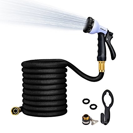 Expandable Garden Hose EIALA Magic Hose Lawn Water Pipe [Improved Design] NO Kinks Never Tangles with FREE Hose Holder & 8 Pattern Nozzle / Spray Gun & Solid Brass Fittings & Universal Connector Super Lightweight & Durable (50ft)