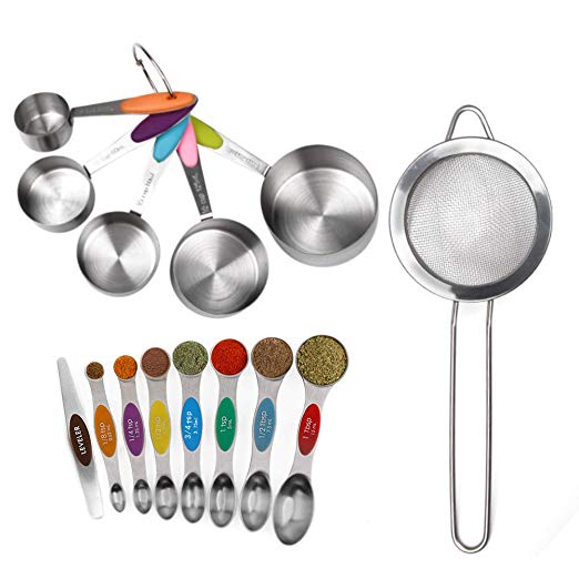 14Pcs Measuring Cups and Spoons Set, Stainless Steel Baking Measurement Utensils With Nonslip Silicone Handles, Including A Flour Sieve