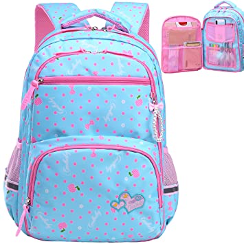Water Resistant Girls Backpack for Primary Elementary School Large Kids Bookbag Laptop Bag (Large, Style 1 - Sky Blue)