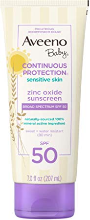 Aveeno Baby Continuous Protection Zinc Oxide Mineral Sunscreen Lotion for Sensitive Skin with Broad Spectrum SPF 50, Tear-Free, Sweat- & Water-Resistant, 7 fl. oz