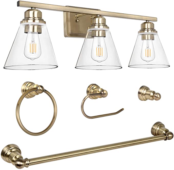 Hykolity 3-Light Vanity Light Fixture, 5-Piece All-in-One Bathroom Set (Led Edison Bulbs as Bonus), Soft Gold Wall Sconce Lighting with Glass Shads, ETL Listed