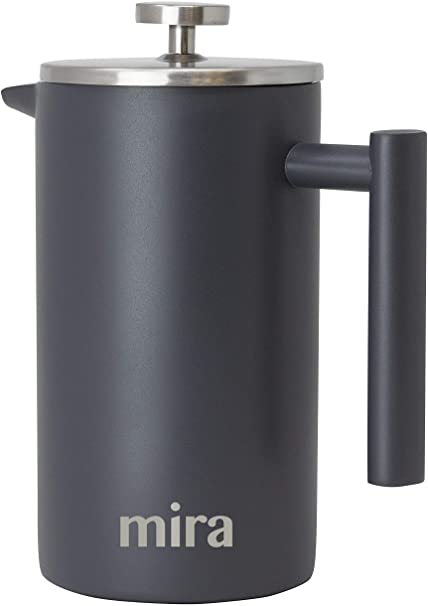 MIRA 34 oz Stainless Steel French Press Coffee Maker with 3 Extra Filters | Double Walled Insulated Coffee & Tea Brewer Pot & Maker | Keeps Brewed Coffee or Tea Hot | 1000 ml (Gray)