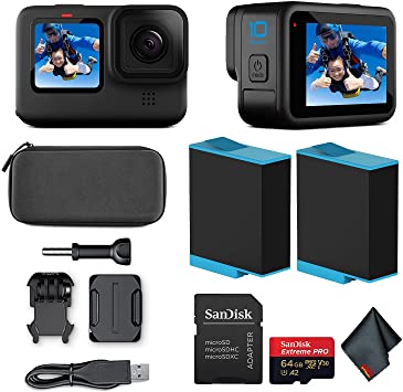 GoPro HERO10 (Hero 10) Black - Waterproof Action Camera with Front LCD and Touch Rear Screens, GP2 Engine, 5K HD Video, 23MP Photos, Live Streaming, 64GB Extreme Pro Card and Extra Battery