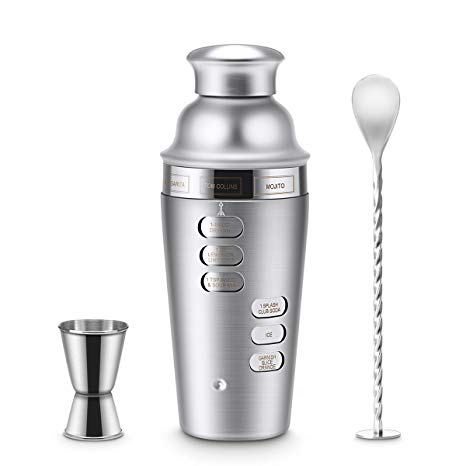 Blusmart Cocktail Shaker Stainless Steel 24oz Bar Set Kit 3pcs Cocktail Shakers with Rotation Recipe Guide, Martini Tool Accessories Built-in Bartender Strainer & Measuring Jigge (02)