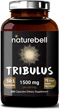 Maximum Strength Organic Tribulus Terrestris Extract 50:1 (Active 60% Saponins), 1500mg Per Serving, 200 Capsules, Testosterone Booster for Libido, Stamina and Energy, No GMOs.