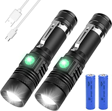 flintronic LED Linternas, 2PCS Recargable, USB Linterna1500LM, Tactica Linterna, Militar Linternas de 4 Modos,Zoomable, Perfecta para Ciclismo Camping Montañismo(Cargador, Batería Recargable,USB Cable