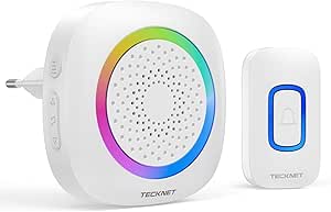 TECKNET Campanello Senza Fili da Esterno Impermeabile IP66, Portata 400M, 5 Livelli Volume 60 Melodie, RGB Campanello Wireless Esterno per Casa, Ufficio, Emergenza ecc