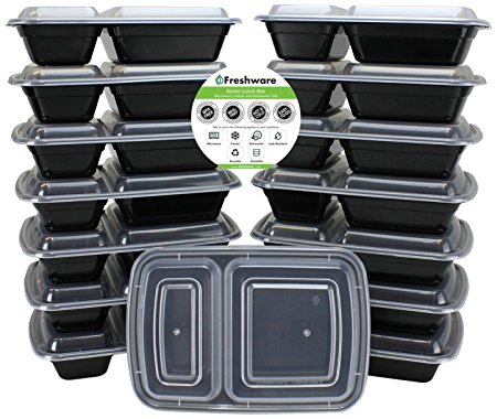 Freshware 150 Pack 2 Compartment Bento Lunch Boxes with Lids - Stackable, Reusable, Microwave, Dishwasher & Freezer Safe, 8.9 x 6.1 x 1.6, Black