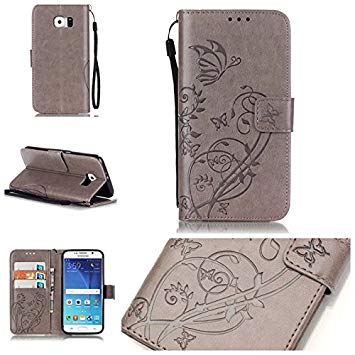 Samsung Galaxy S6 wallet case, ARSUE Butterfly Flower [Wrist Strap] Flip Folio [Kickstand Feature] PU leather wallet case with ID&Credit Card Pockets For Samsung Galaxy S6 - Gray