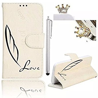 iPhone 6 Case Plus 5.5 Protector,Vandot 3 in 1 Set Accessories High Quality Artificial Leather Wallet Pouch Hoster with Feather and Love Patterned Multi-function Premium Book Style Flip Protective Skin Shell Magnetic Closure Stand Case for iPhone 6 Case Plus (Built-in Credit Card/ID Card Slot) with Cute Dinemond Crown Anti Dust Plug Cap and Metal Stylus Screen Writing pen - (Feather)