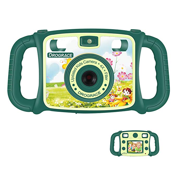 DROGRACE Kids Camera 1080P HD Kids Digital Video Camera with 4X Zoom, Flash Lights, 2 inch LCD and ABS Handles for Boys Girls Birthday Green