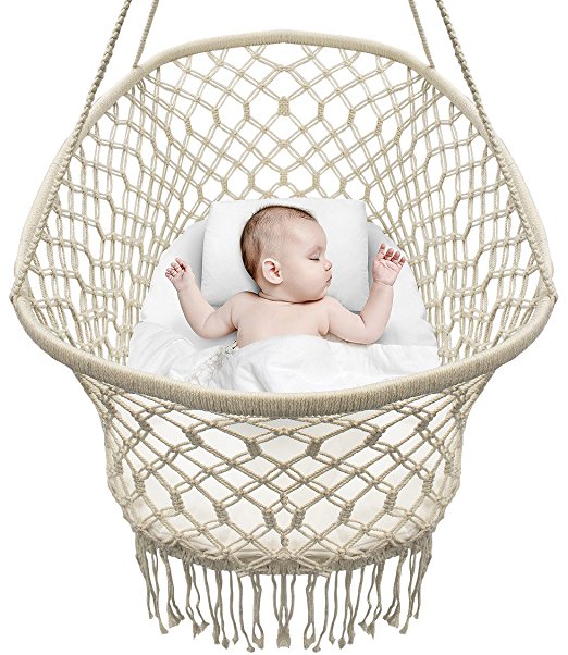 Sorbus Baby Crib Cradle, Hanging Bassinet and Portable Swing for Baby Nursery, Macramé Rope Fringe Measures 35" L X 23.25" W X 14" H, Weight capacity 22 pounds (Off White)