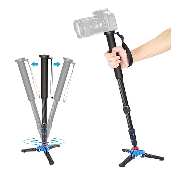 Neewer Extendable Camera Carbon Fiber Monopod with Removable Foldable Tripod Support Base: 5-Section Leg, Max. 66 inches for Canon Nikon Sony DSLR Cameras, Payload up to 11 pounds/5 kilograms