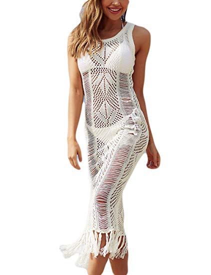 Bsubseach Women Lace Up V Neck Long Sleeve Crochet Swimsuit Cover Up Dress