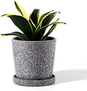 POTEY Ceramic Plant Pot Connected Saucer - 4.8 Inch Medium Indoor Flower Planter Container Garden Glazed with Drainage Decor Offic - Gray