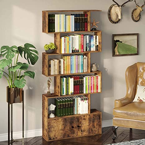 Rolanstar Bookshelf with Doors, 6-Tier Bookcase with Cabinet, Freestanding Bookshelves Storage Display Cabinet, Rustic Wood Bookshelf for Living Room, Bedroom, Home Office