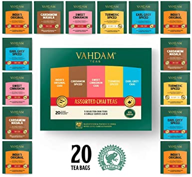 VAHDAM, Chai Tea Sampler, 5 TEAS - Tea Variety Pack | Assorted Chai Tea Bags | Cardamom Tea Bags, Cinnamon Tea Bags, Turmeric Masala Chai Tea Bags | 20 Ct | Tea Gift Set