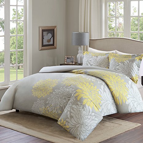 Comfort Spaces – Enya Cover for Duvet Mini Set - 3 Piece – Yellow and Grey– Floral Printed Pattern – Full/Queen size, includes 1 Cover for Duvet, 2 Shams