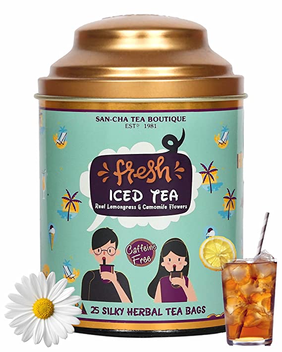 Sancha Tea Boutique Fresh Iced Tea| 25 Pyramid Tea Bags|Caffeine free Herbal Tea|Plastic Free Tea Bags|Cold Brew Tea|Blend Of Chamomile & Lemongrass Flowers