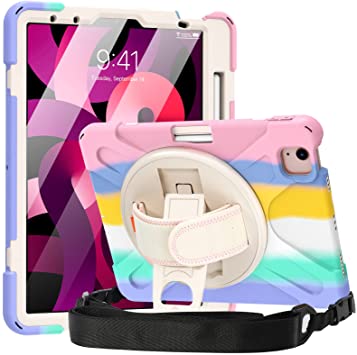 MoKo Case for iPad Air 5th/4th Generation 2022/2020 10.9 Inch for Kids with Pencil Holder, Shockproof Heavy Duty Protective Case with 360 Degree Rotate Stand, Hand Strap, Shoulder Strap, Multicolor B